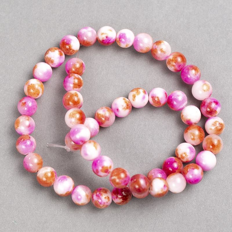 Raspberry-White-Rust "Agate" Beads (Acrylic Imitation) on Fishing Line, Smooth Round, Diameter 8mm+/-, Length 40cm+
