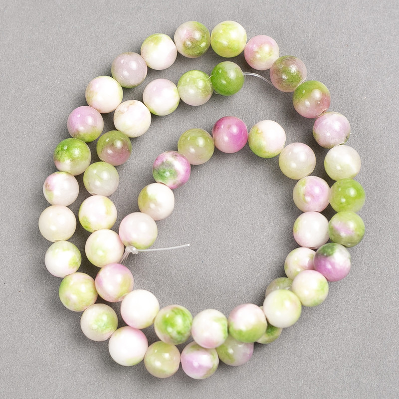 Green-Pink-White 'Tourmaline' Beads (Imitation Acrylic) on Fishing Line, Smooth Round, Diameter 8mm+/-, Length 40cm+