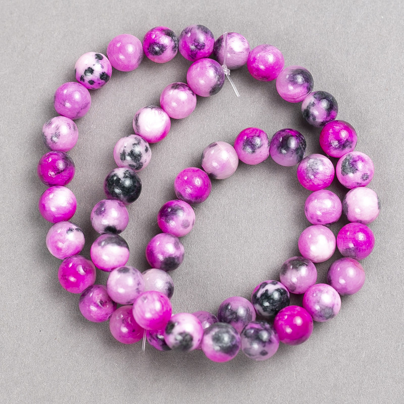 Raspberry-Grey-White "Agate" Beads (Acrylic Imitation) on Fishing Line, Smooth Round, Diameter 8mm+/-, Length 40cm+