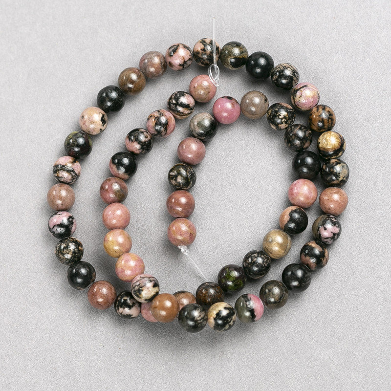 Rhodonite Beads on Fishing Line, Smooth Round, Diameter 6.5mm+/-, Length 38cm+