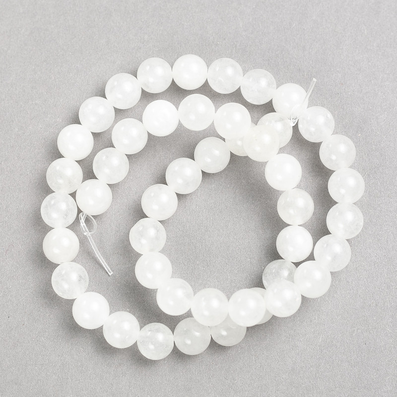 White Quartz Beads on Nylon Thread, Smooth Round, Diameter ~8mm, Length 37cm+