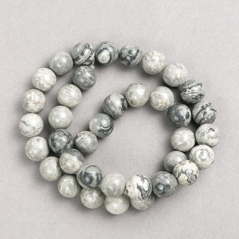 Grey Ocean Jasper Beads on String, Smooth Round, Diameter 10mm, Length 38cm+
