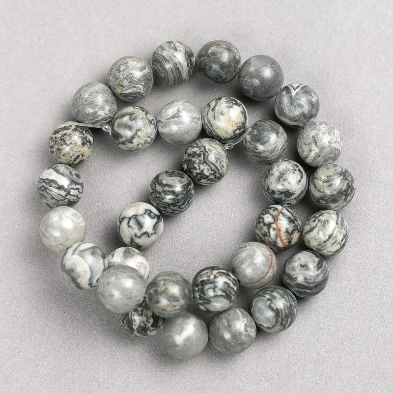 Grey Ocean Jasper Beads on String, Smooth Round, Diameter 12mm, Length 38cm+