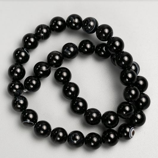 Beads on Fishing Line Natural Stone Black Agate, Smooth Round Bead, Diameter 10mm+-, Length 37cm+