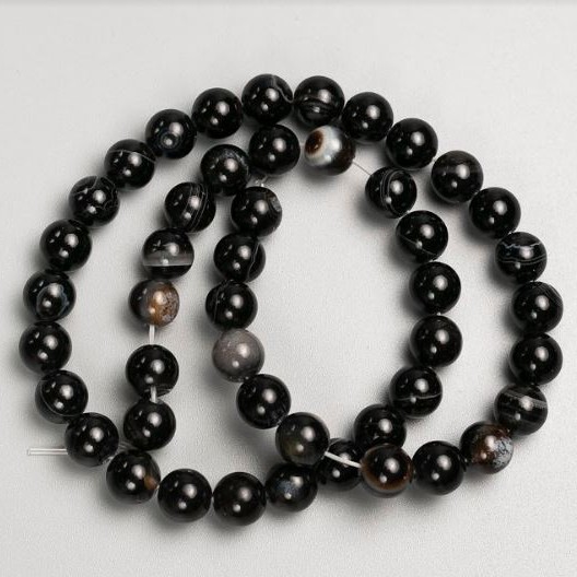 Beads on Fishing Line Natural Stone Black Agate, Smooth Round Bead, Diameter 8mm+-, Length 38cm+