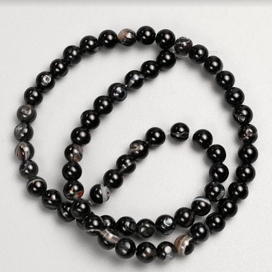 Beads on Strand, Natural Stone Black Agate, Smooth Round, Diameter 6(+-)mm, Length 37cm+
