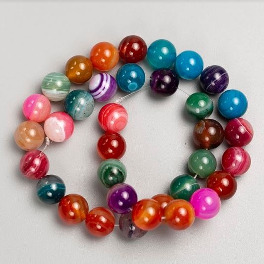 Beads on Nylon Thread, Natural Stone Agate Multicoloured, Smooth Round Bead, Diameter 10mm+/-, Length 37cm+