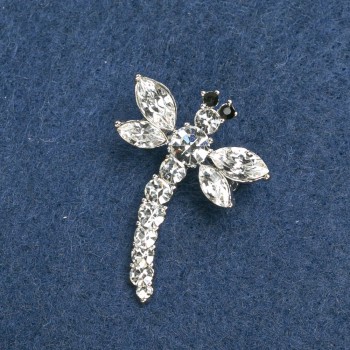 Brooch Dragonfly Silvered Metal, White Rhinestones 36x28mm +