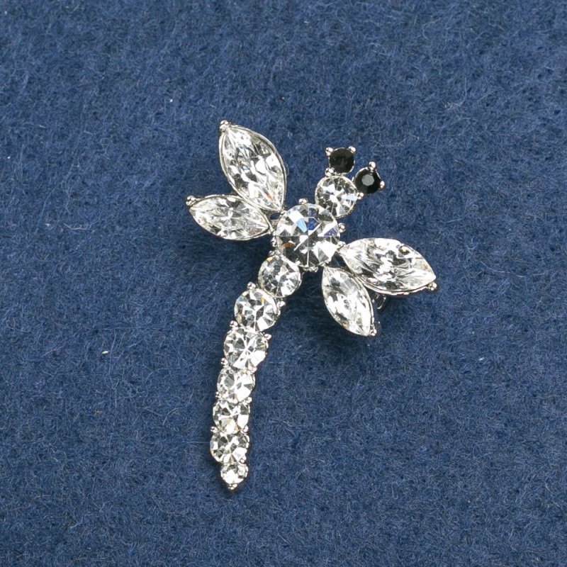 Brooch Dragonfly Silvered Metal, White Rhinestones 36x28mm +