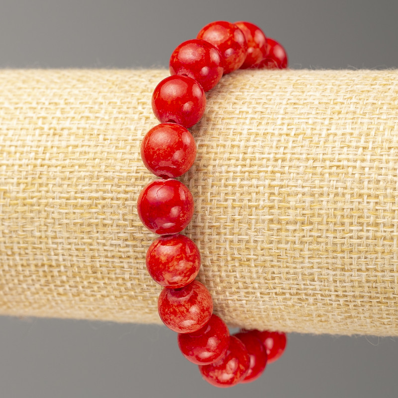 Elastic Bracelet Red Coral (imitation acrylic) smooth bead, diameter 10mm +-, length 18cm+