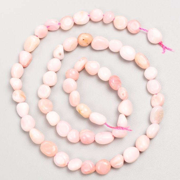 Beads on Thread, Natural Stone Pink Opal Tumbled, diameter 6x8mm+-, length 39cm+