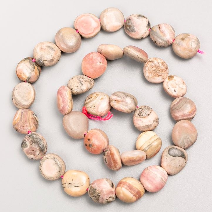 Beads on Thread, Natural Stone Rhodochrosite Tumbled, diameter 11x15mm+-, length 40cm+