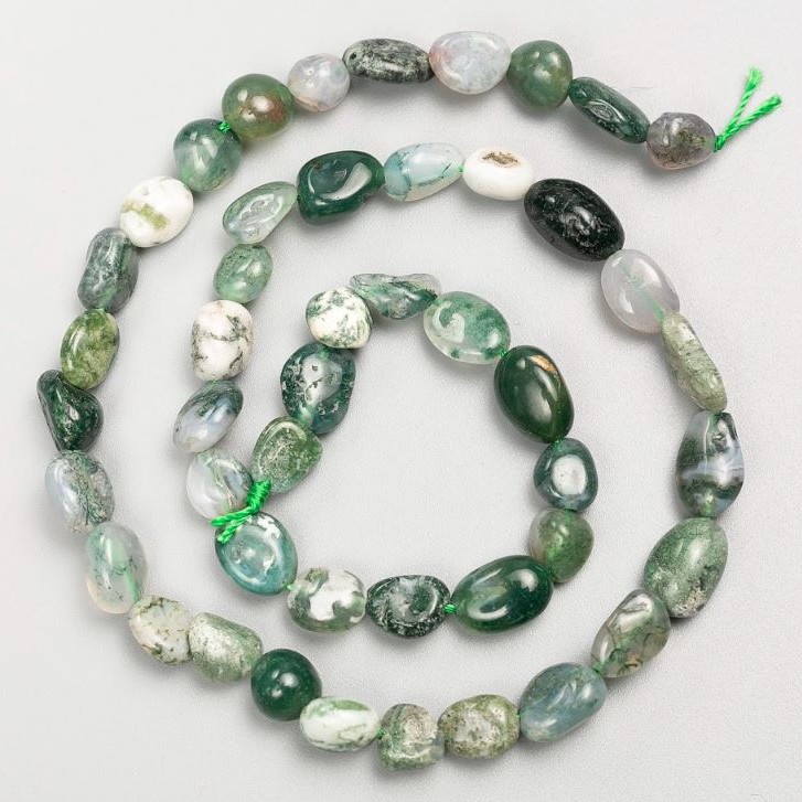 Beads on Thread, Natural Stone Moss Agate Tumbled d 8x13-6x8mm+-, length 40cm+