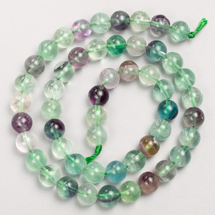 Fluorite Beads on Thread - Smooth Round Bead, 8mm Diameter, 39cm Length +