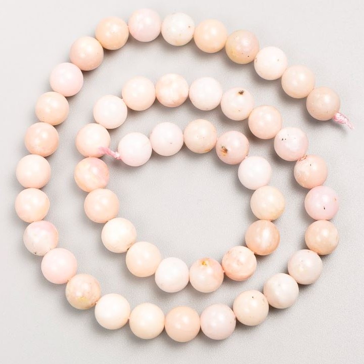 Beads on Thread, Natural Stone - Pink Opal, Smooth Pearly Beads 8mm Diameter, 39cm Length +