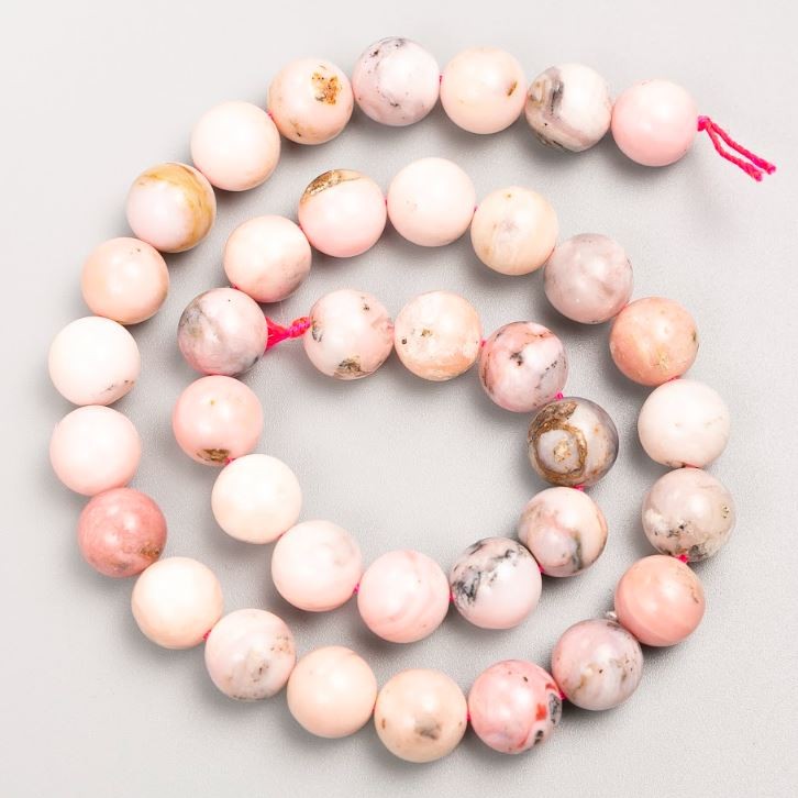 Beads on a Thread Natural Stone Pink Opal Smooth Ball, Diameter 10mm, Length 39cm+