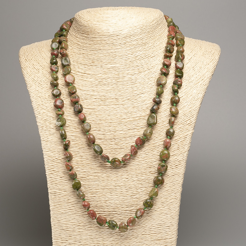 Long Unakite Jasper Necklace, tumbled beads, diameter 5x8-10mm+/-, length 110cm+