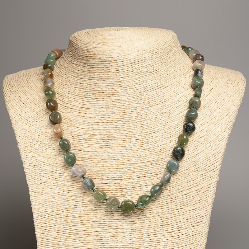 Necklace of Moss Agate Stone, Tumbled, Diameter 5x8-10mm+-, Length 50cm+