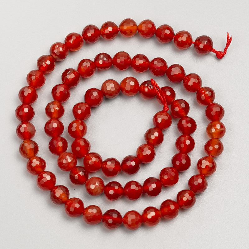 Carnelian Stone Beads, Faceted Round, on a Strand, Diameter 6mm, Length 38cm+