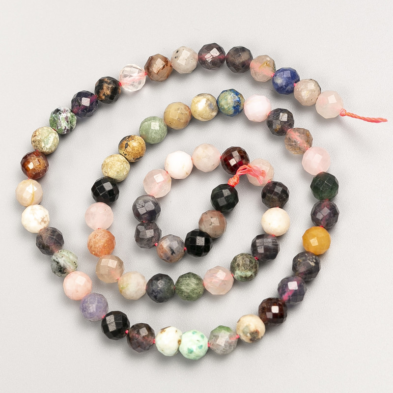 Natural stone beads assortment faceted ball on thread, diameter 6mm±, length 39cm±