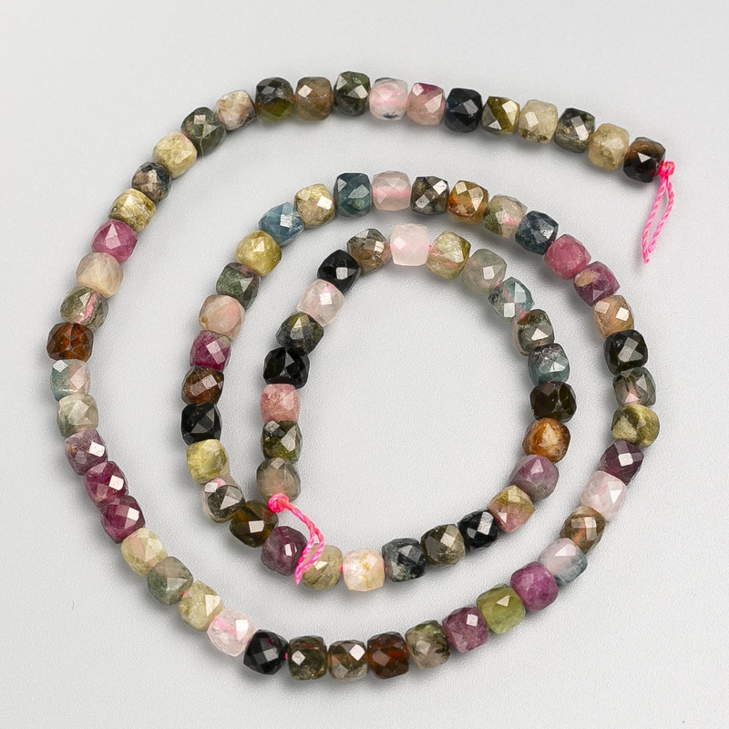 Tourmaline Natural Stone Beads, faceted cube on a strand, diameter 4.5mm+/-, length 40cm+