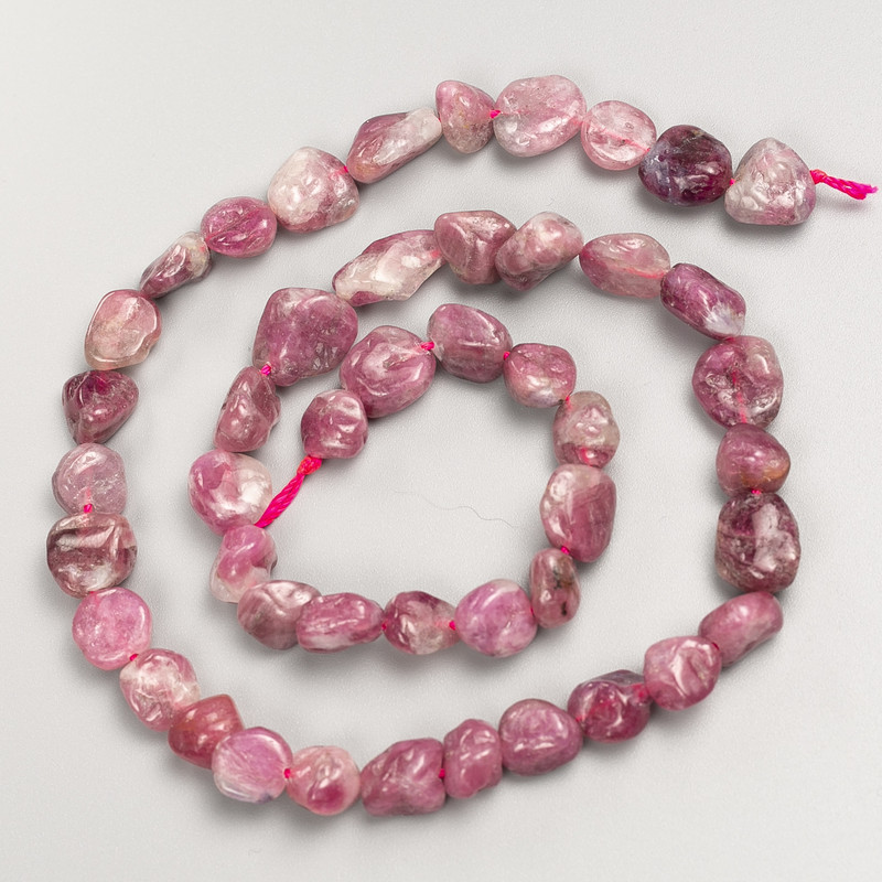 Natural Stone Rubellite Tourmaline Tumbled Beads on Thread, Diameter 9x9mm+/-, Length 42cm+