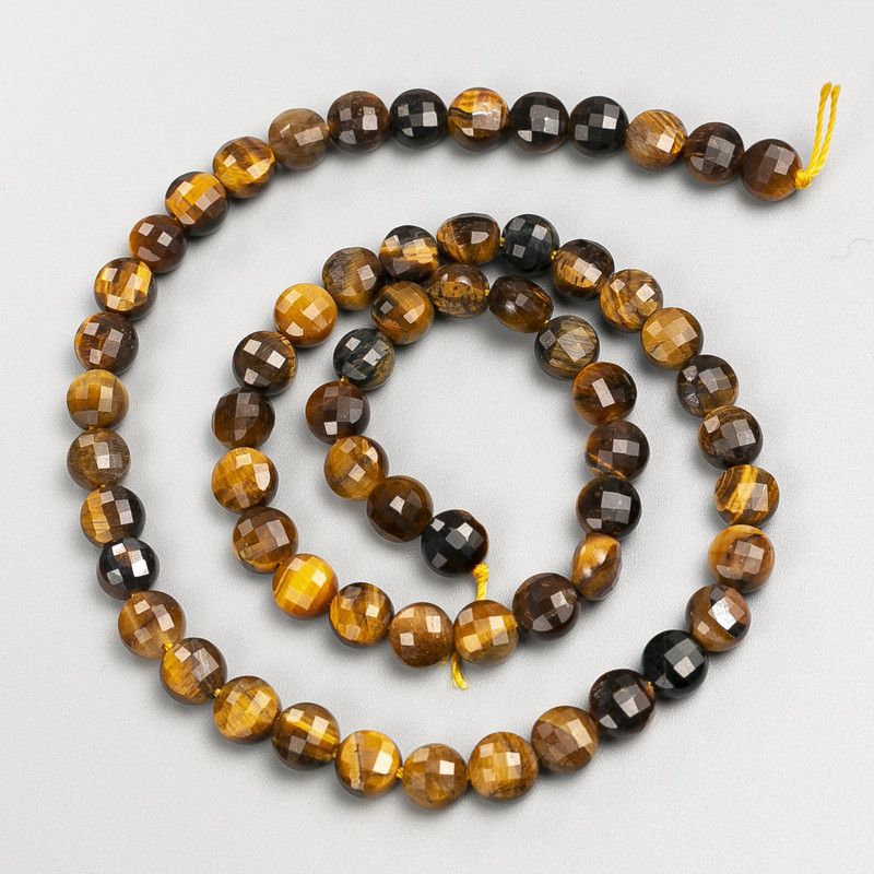 Natural Tiger's Eye Stone Beads Faceted Coin on Thread, Diameter 6.5x5mm+-, Length 39cm+
