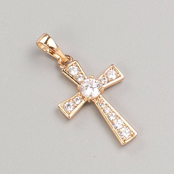 Xuping Cross Pendant, 18K Gold Plated, White Rhinestones, 22.5x14mm+ diameter