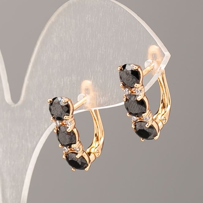 Xuping Earrings with Black Stone and White Rhinestones, 17x5mm, 18K Gold Plated
