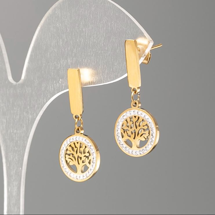Xuping Gold Plated Tree Stud Earrings with White Rhinestones, diameter 12mm, length 2.8cm+