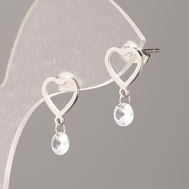 Xuping Stud Earrings, Heart with White Stone, diameter 11mm, Rhodium