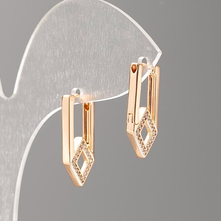 Xuping 18K Gold-Plated Earrings with White Rhinestones, Rhombus, 20x2mm+
