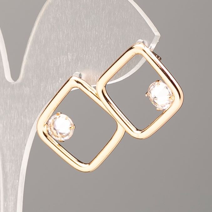 Xuping Square 18K Gold-Plated Earrings with White Crystal, 17x17mm+