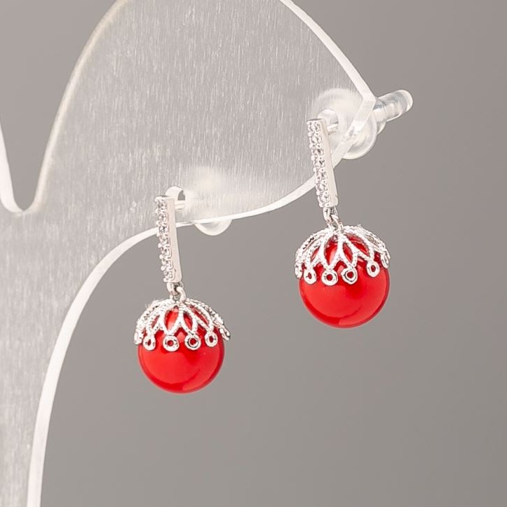 Xuping Earrings with Red Majorca Pearls, 8mm Diameter, Rhodium
