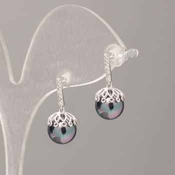 Xuping Earrings with Black Majorca Pearls, Petrol Tint, 9mm Diameter, 18mm Length, Rhodium