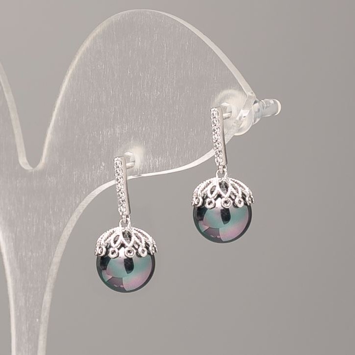 Xuping Earrings with Black Majorca Pearls, Petrol Tint, 9mm Diameter, 18mm Length, Rhodium