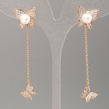 Xuping Butterfly Earrings with Majorica Pearls and White Stones 13x13mm, length 6cm, 18K Gold Plated