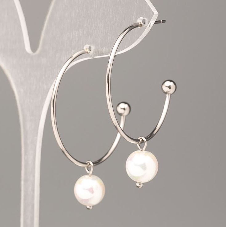 Xuping Earrings with White Majorica Pearl 30x8mm, Rhodium