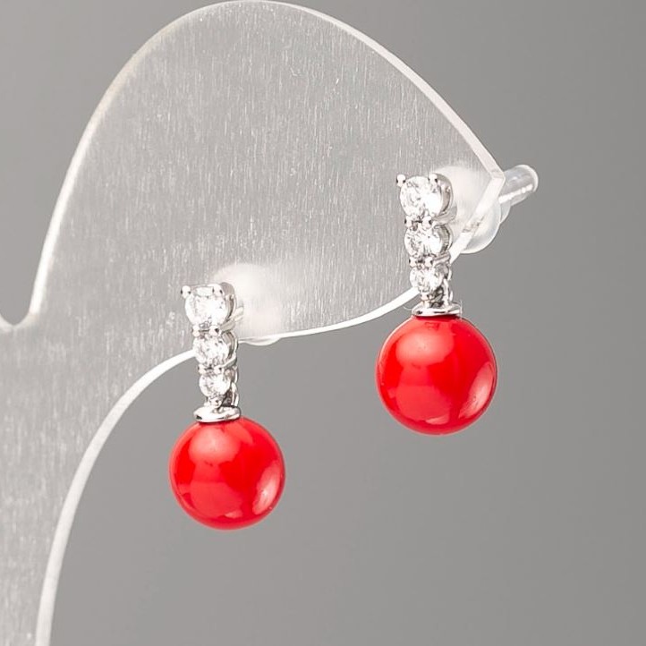Xuping Earrings with Red "Majorca" Pearls and White Rhinestones, 8mm Diameter, Rhodium