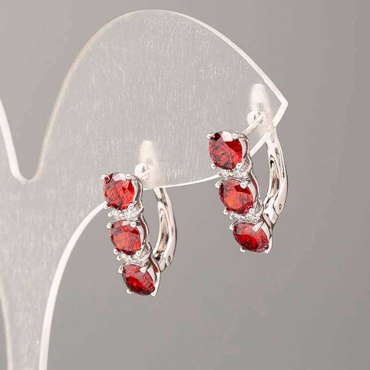 Xuping Earrings with Red Stones and White Rhinestones, 17x5mm, Rhodium