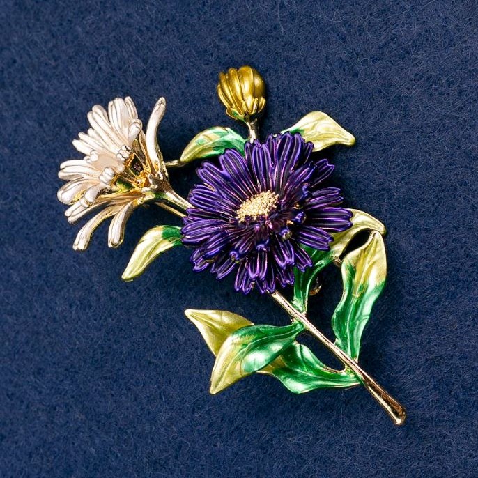 Brooch-Pendant Daisy Flowers enamel, gold-tone metal 63x50mm