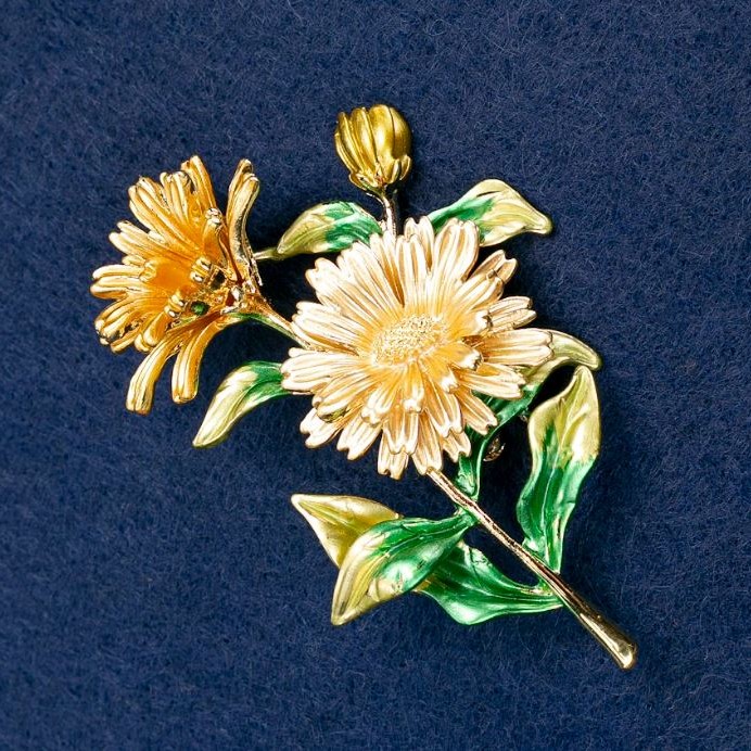 Brooch Pendant Daisy Flower Enamel, Gold-tone Metal 63x50mm