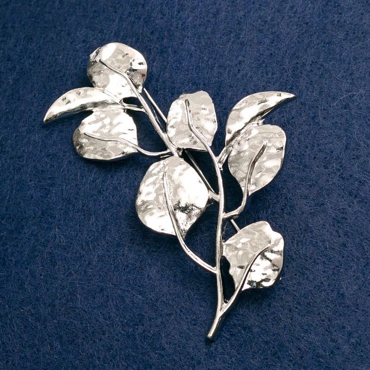 Brooch Branch with Leaves, silver metal 62×40mm