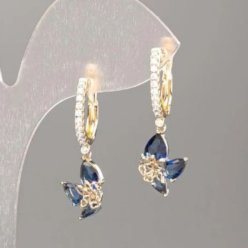 Xuping Earrings 18K Gold Plated Blue Stone, White Rhinestones 30x10mm