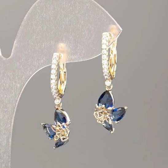 Xuping Earrings 18K Gold Plated Blue Stone, White Rhinestones 30x10mm