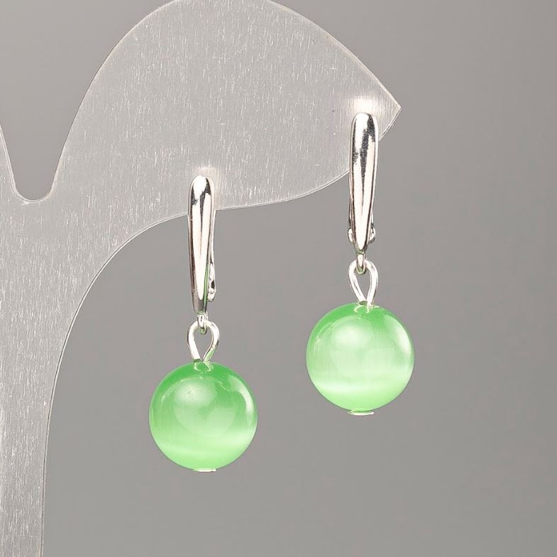 Earrings Natural Stone Green Cat's Eye, diameter 10mm+-, length 31mm+