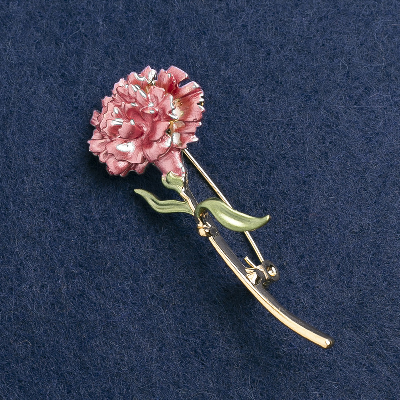 Carnation Flower Brooch, pink enamel, gold-tone metal, 59x24mm