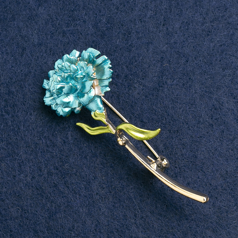 Carnation Flower Brooch, Blue Enamel, Gold-Tone Metal 59x24mm