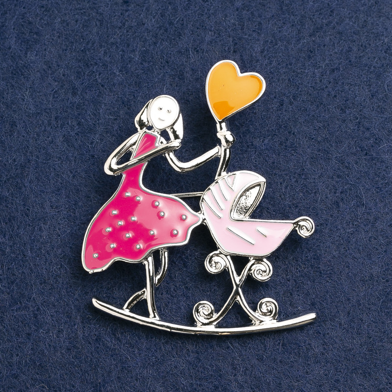 Mother with Cradle Brooch, pink and raspberry enamel, silver-tone metal 46x38mm