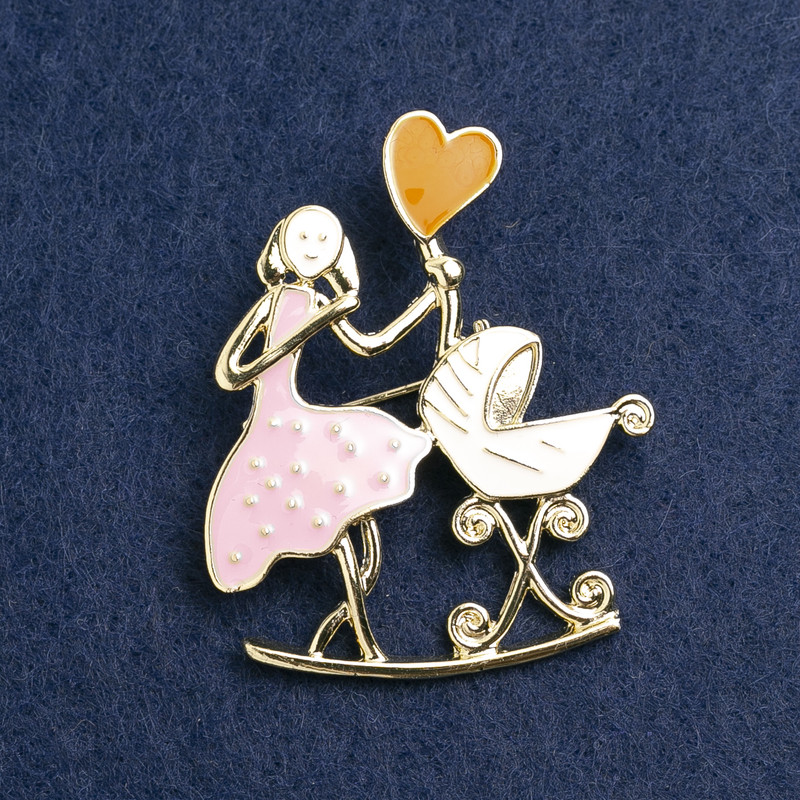 Mother with Cradle Brooch, pink and white enamel, gold-tone metal 46x38mm